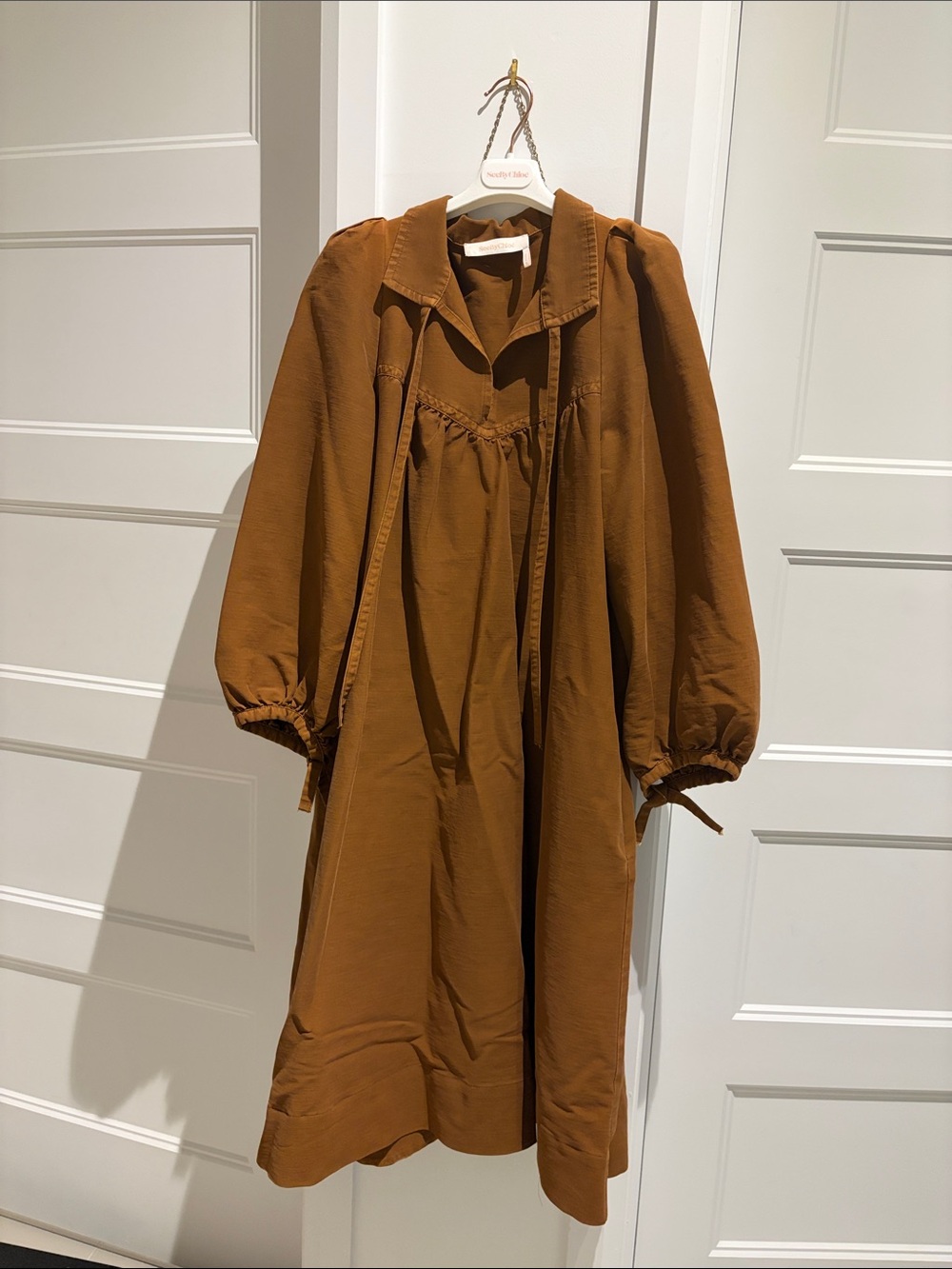See By Chloé Rust-Brown Balloon Sleeve Midi Dress